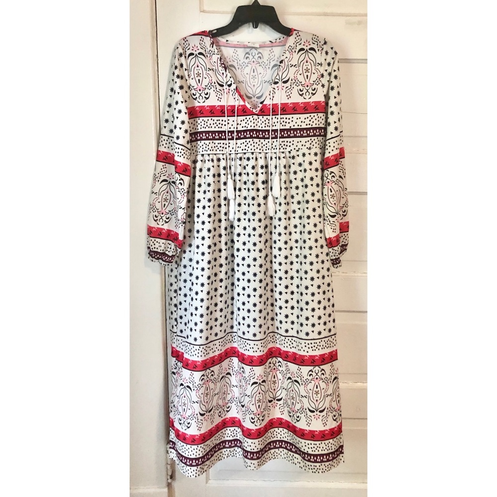 Boho Midi Casual Long Sleeve Dress with Tassels